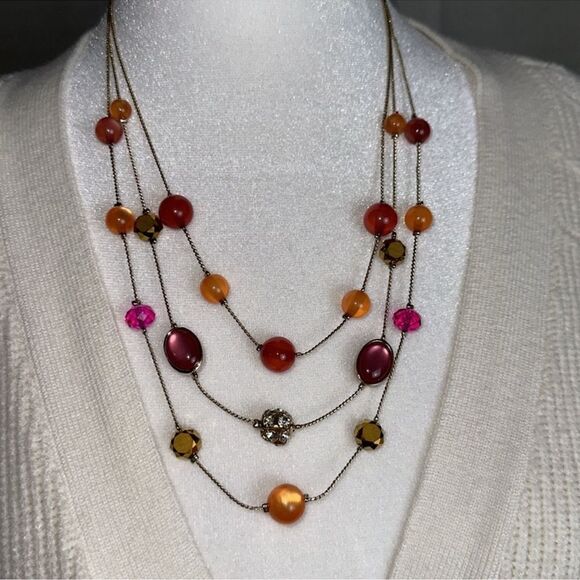 avenue Pink Tangerine Gold Tone Triple Strand Floating Illusion Necklace - Picture 1 of 5